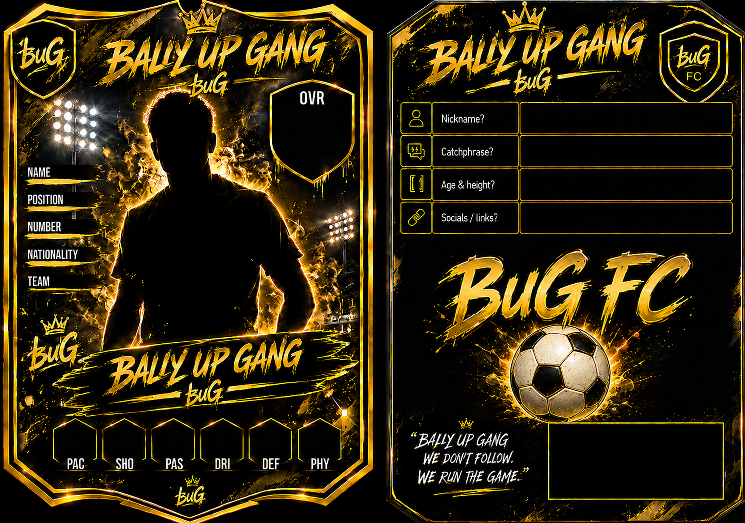 Blank Bally Up Gang FC player-card template showing front and back